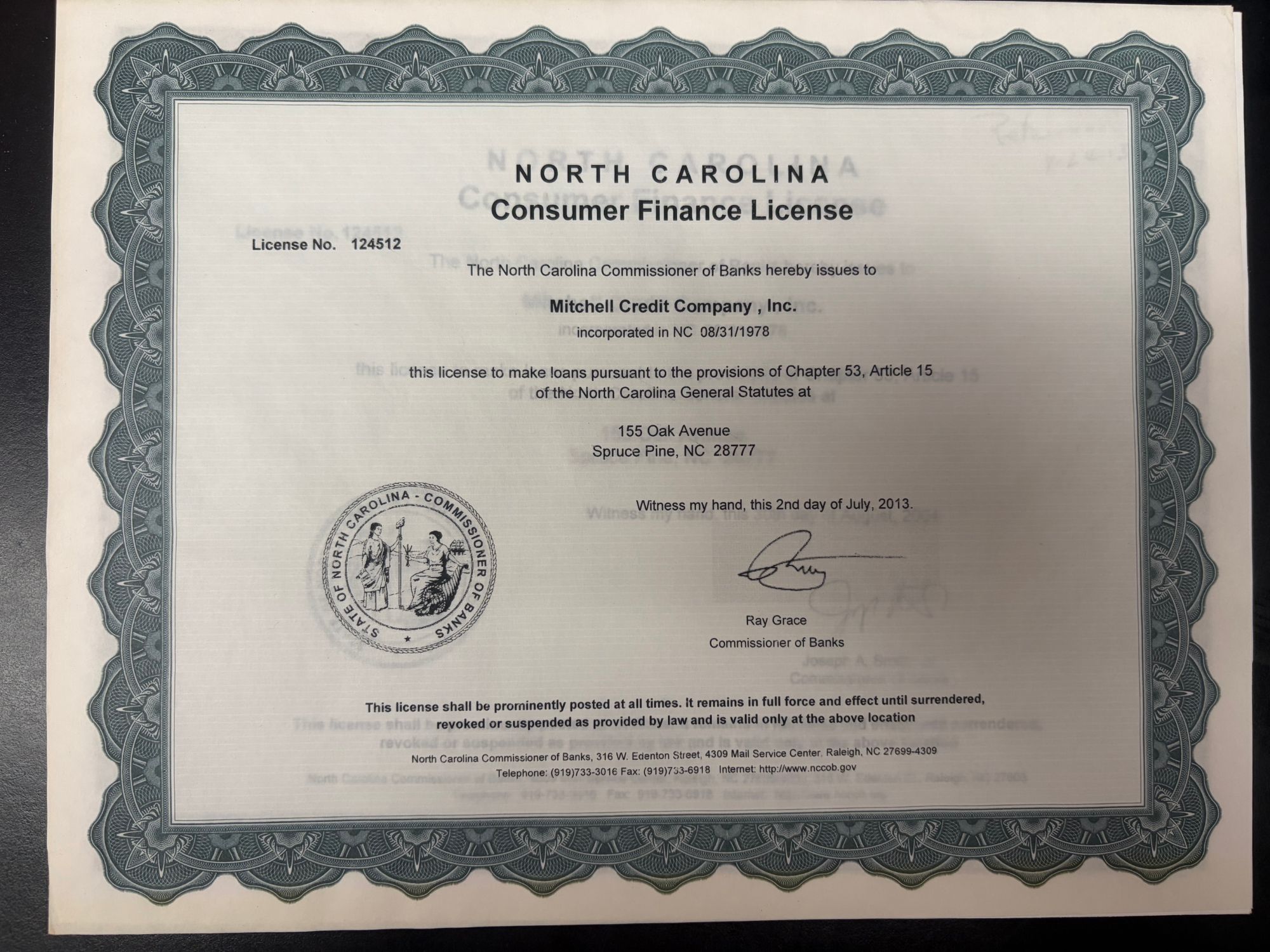 mitchell-credit-nccob-license image Mitchell Credit Company NC Consumer Finance License No. 124512